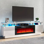 Meuble TV 177,8 cm avec cheminée électrique de 91,4 cm, Blanc/Noir, Lumières LED, Étagère réglable