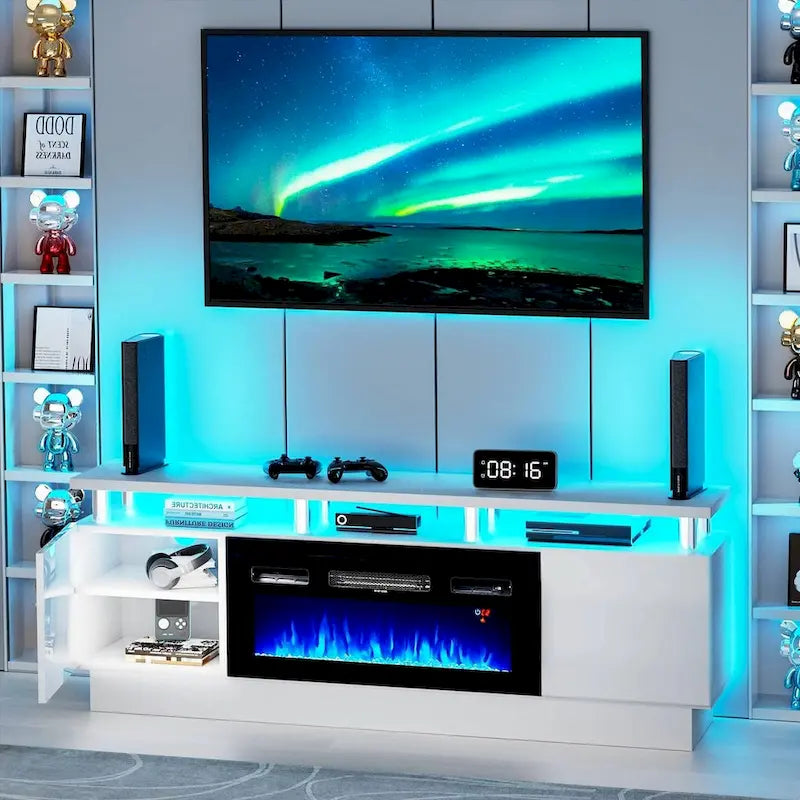 Meuble TV 177,8 cm avec cheminée électrique de 91,4 cm, Blanc/Noir, Lumières LED, Étagère réglable
