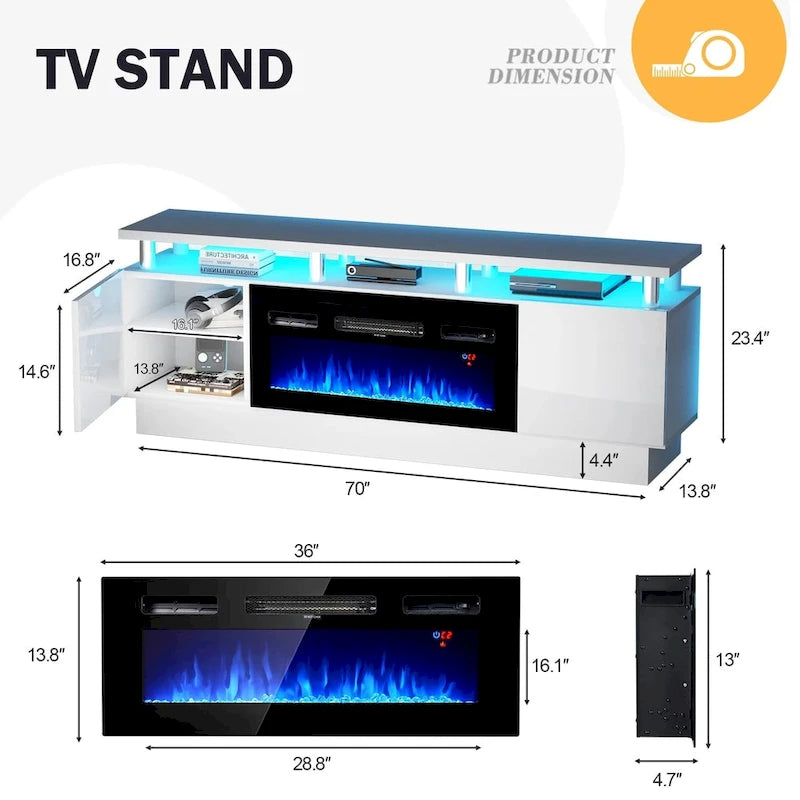 Meuble TV 177,8 cm avec cheminée électrique de 91,4 cm, Blanc/Noir, Lumières LED, Étagère réglable