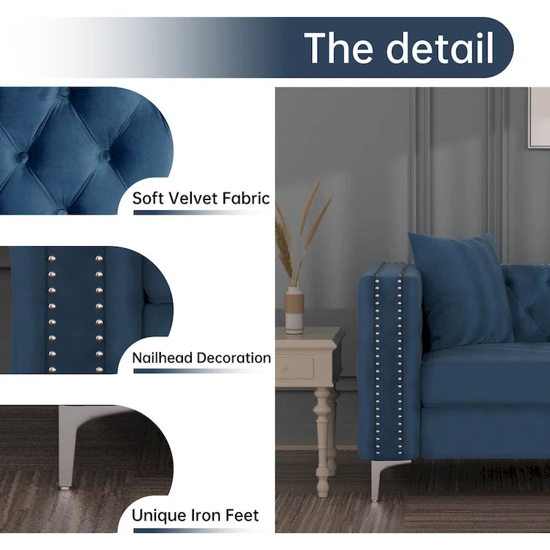 Canapé 3 places en velours hollandais, capitonné, bleu/gris/beige, clouté, pieds en fer