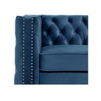 Canapé 3 places en velours hollandais, capitonné, bleu/gris/beige, clouté, pieds en fer