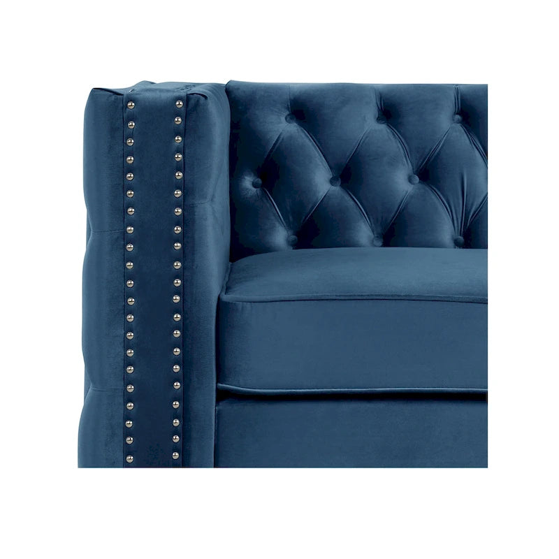 Canapé 3 places en velours hollandais, capitonné, bleu/gris/beige, clouté, pieds en fer