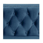 Canapé 3 places en velours hollandais, capitonné, bleu/gris/beige, clouté, pieds en fer