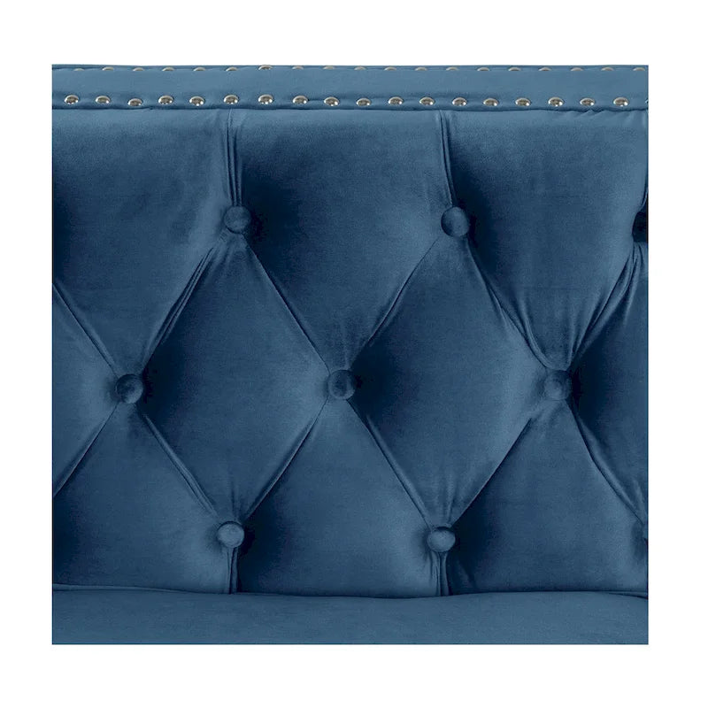 Canapé 3 places en velours hollandais, capitonné, bleu/gris/beige, clouté, pieds en fer