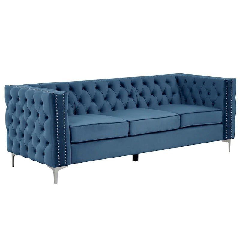 Canapé 3 places en velours hollandais, capitonné, bleu/gris/beige, clouté, pieds en fer