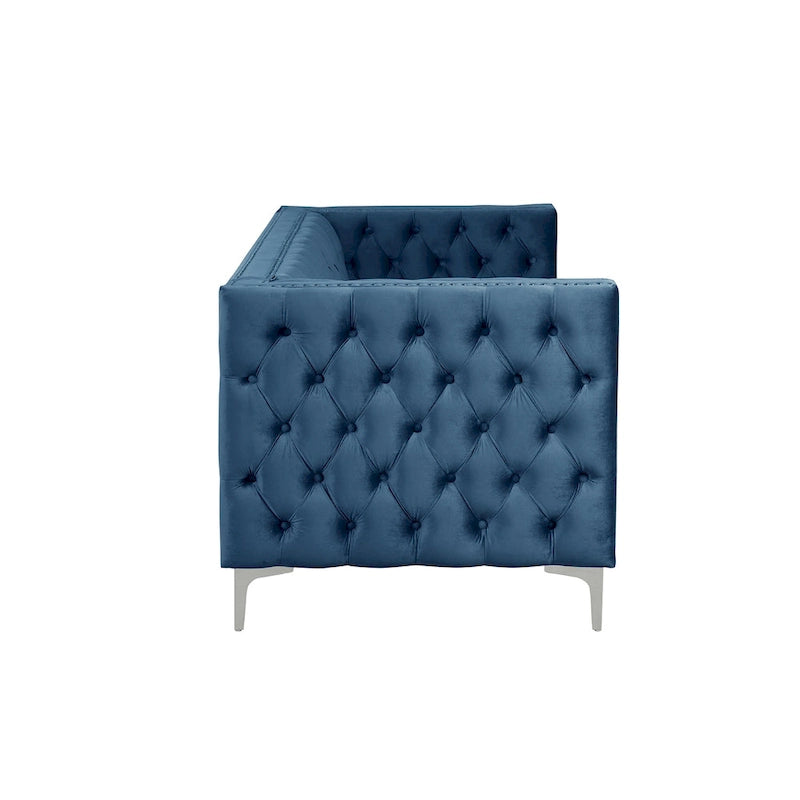 Canapé 3 places en velours hollandais, capitonné, bleu/gris/beige, clouté, pieds en fer