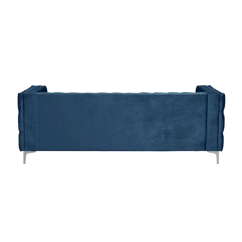 Canapé 3 places en velours hollandais, capitonné, bleu/gris/beige, clouté, pieds en fer