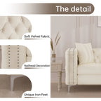 Canapé 3 places en velours hollandais, capitonné, bleu/gris/beige, clouté, pieds en fer
