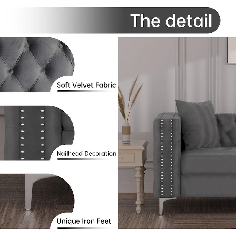 Canapé 3 places en velours hollandais, capitonné, bleu/gris/beige, clouté, pieds en fer