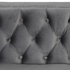 Canapé 3 places en velours hollandais, capitonné, bleu/gris/beige, clouté, pieds en fer