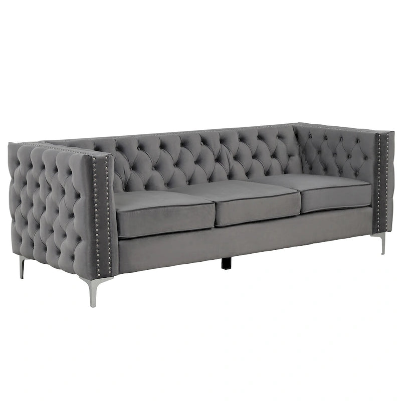 Canapé 3 places en velours hollandais, capitonné, bleu/gris/beige, clouté, pieds en fer