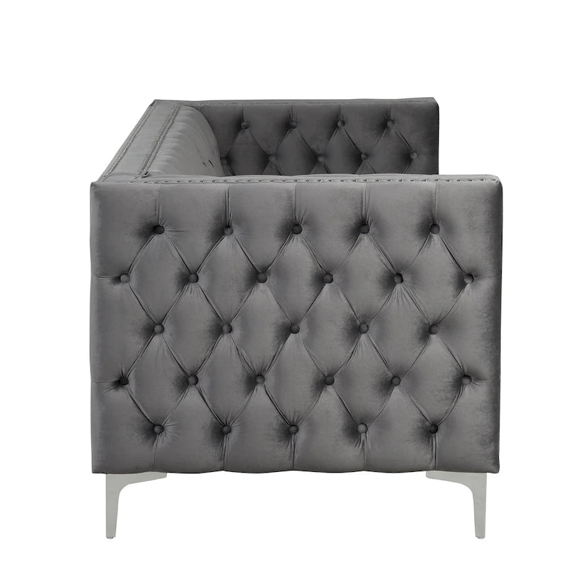 Canapé 3 places en velours hollandais, capitonné, bleu/gris/beige, clouté, pieds en fer