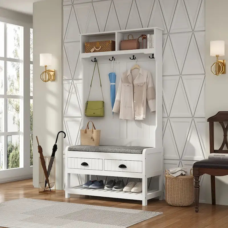 Meuble d'entrée avec banc, 87 cm (L), 4 patères, 3 étagères ouvertes, assise rembourrée, rangement à chaussures, panneau de particules, Blanc/Gris/Noir