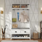 Meuble d'entrée avec banc, 87 cm (L), 4 patères, 3 étagères ouvertes, assise rembourrée, rangement à chaussures, panneau de particules, Blanc/Gris/Noir