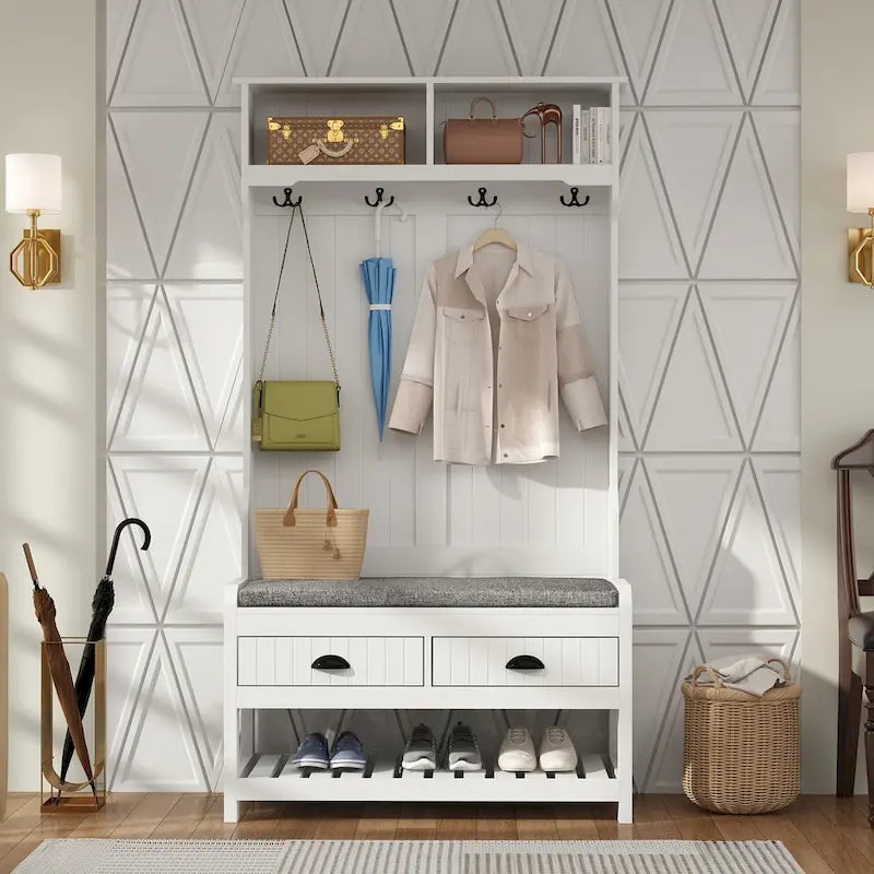 Meuble d'entrée avec banc, 87 cm (L), 4 patères, 3 étagères ouvertes, assise rembourrée, rangement à chaussures, panneau de particules, Blanc/Gris/Noir