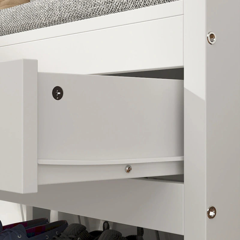 Meuble d'entrée avec banc, 87 cm (L), 4 patères, 3 étagères ouvertes, assise rembourrée, rangement à chaussures, panneau de particules, Blanc/Gris/Noir