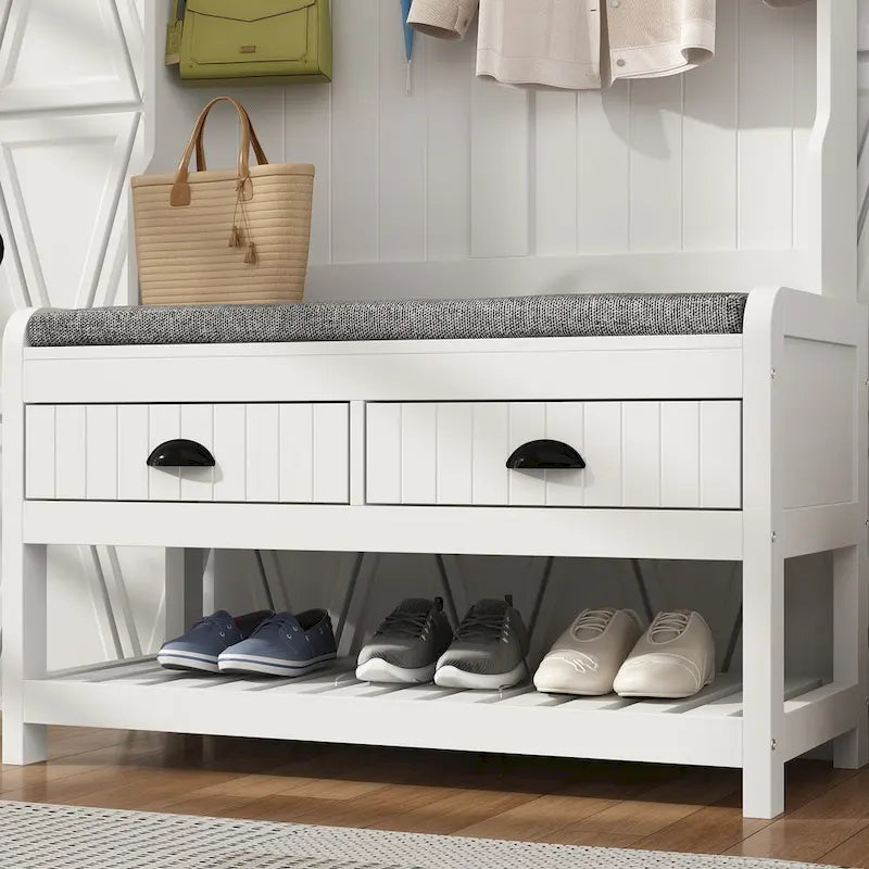 Meuble d'entrée avec banc, 87 cm (L), 4 patères, 3 étagères ouvertes, assise rembourrée, rangement à chaussures, panneau de particules, Blanc/Gris/Noir