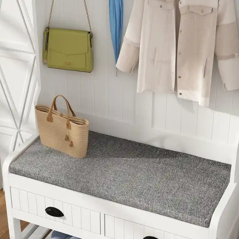 Meuble d'entrée avec banc, 87 cm (L), 4 patères, 3 étagères ouvertes, assise rembourrée, rangement à chaussures, panneau de particules, Blanc/Gris/Noir