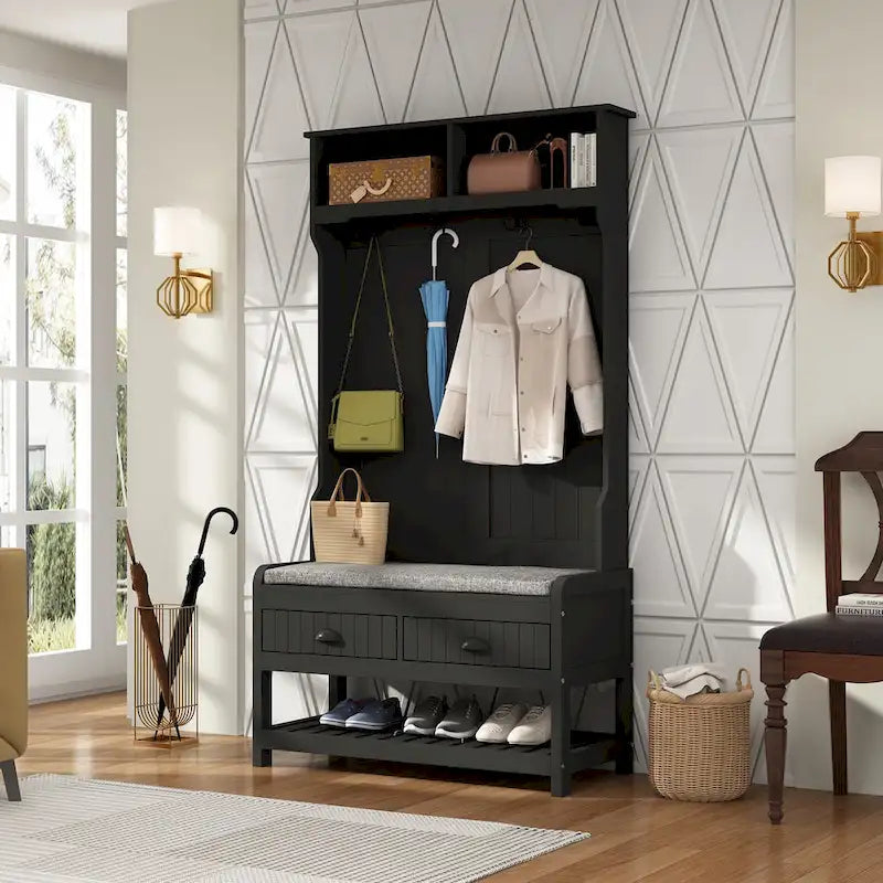 Meuble d'entrée avec banc, 87 cm (L), 4 patères, 3 étagères ouvertes, assise rembourrée, rangement à chaussures, panneau de particules, Blanc/Gris/Noir