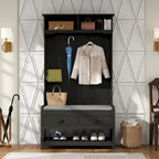 Meuble d'entrée avec banc, 87 cm (L), 4 patères, 3 étagères ouvertes, assise rembourrée, rangement à chaussures, panneau de particules, Blanc/Gris/Noir