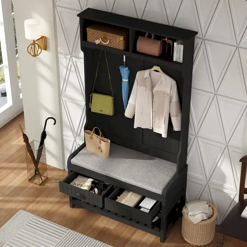 Meuble d'entrée avec banc, 87 cm (L), 4 patères, 3 étagères ouvertes, assise rembourrée, rangement à chaussures, panneau de particules, Blanc/Gris/Noir