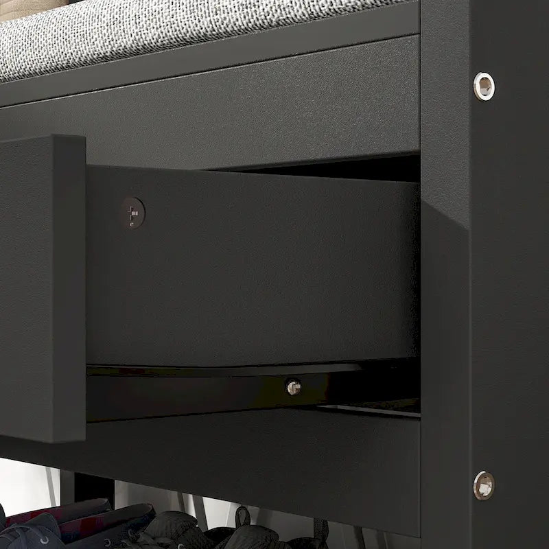 Meuble d'entrée avec banc, 87 cm (L), 4 patères, 3 étagères ouvertes, assise rembourrée, rangement à chaussures, panneau de particules, Blanc/Gris/Noir