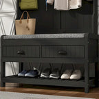 Meuble d'entrée avec banc, 87 cm (L), 4 patères, 3 étagères ouvertes, assise rembourrée, rangement à chaussures, panneau de particules, Blanc/Gris/Noir