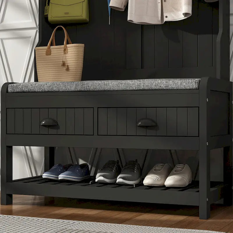 Meuble d'entrée avec banc, 87 cm (L), 4 patères, 3 étagères ouvertes, assise rembourrée, rangement à chaussures, panneau de particules, Blanc/Gris/Noir