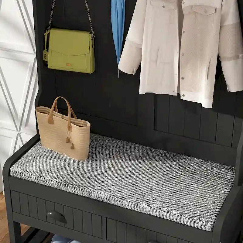 Meuble d'entrée avec banc, 87 cm (L), 4 patères, 3 étagères ouvertes, assise rembourrée, rangement à chaussures, panneau de particules, Blanc/Gris/Noir