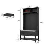 Meuble d'entrée avec banc, 87 cm (L), 4 patères, 3 étagères ouvertes, assise rembourrée, rangement à chaussures, panneau de particules, Blanc/Gris/Noir