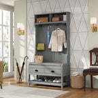 Meuble d'entrée avec banc, 87 cm (L), 4 patères, 3 étagères ouvertes, assise rembourrée, rangement à chaussures, panneau de particules, Blanc/Gris/Noir