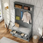 Meuble d'entrée avec banc, 87 cm (L), 4 patères, 3 étagères ouvertes, assise rembourrée, rangement à chaussures, panneau de particules, Blanc/Gris/Noir