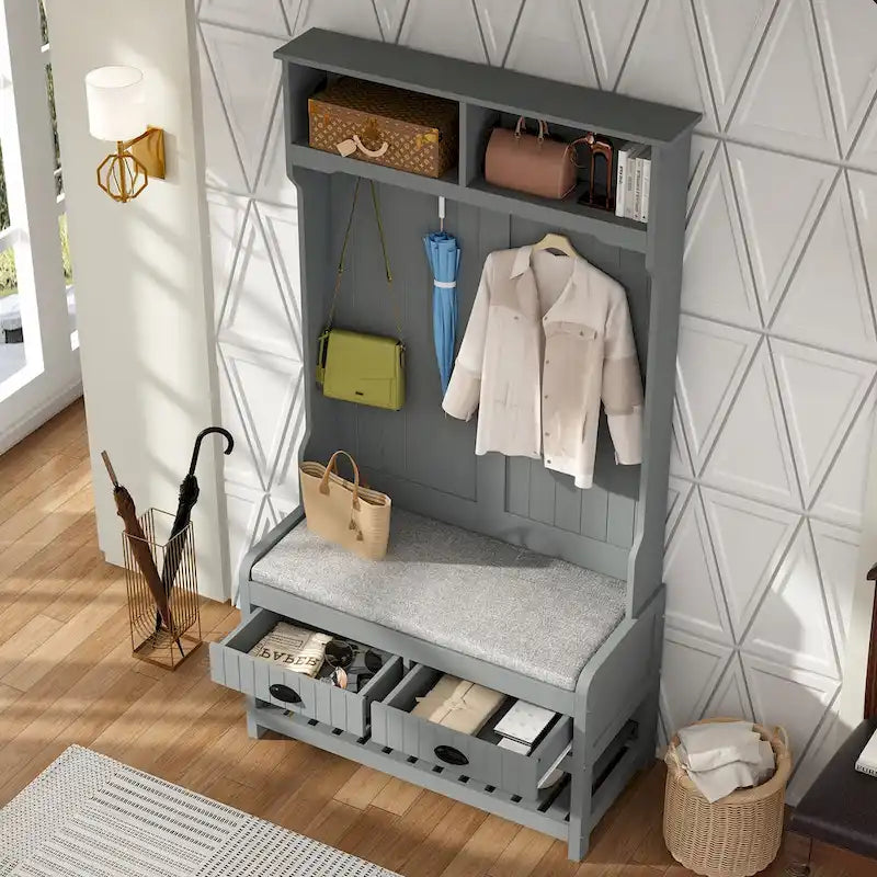 Meuble d'entrée avec banc, 87 cm (L), 4 patères, 3 étagères ouvertes, assise rembourrée, rangement à chaussures, panneau de particules, Blanc/Gris/Noir