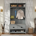 Meuble d'entrée avec banc, 87 cm (L), 4 patères, 3 étagères ouvertes, assise rembourrée, rangement à chaussures, panneau de particules, Blanc/Gris/Noir