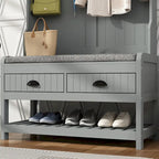 Meuble d'entrée avec banc, 87 cm (L), 4 patères, 3 étagères ouvertes, assise rembourrée, rangement à chaussures, panneau de particules, Blanc/Gris/Noir