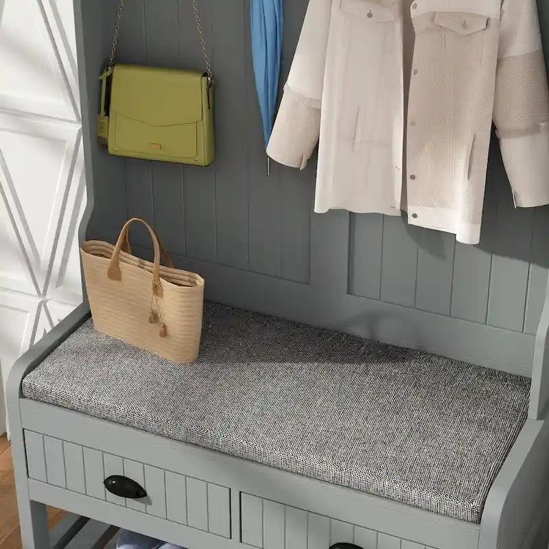 Meuble d'entrée avec banc, 87 cm (L), 4 patères, 3 étagères ouvertes, assise rembourrée, rangement à chaussures, panneau de particules, Blanc/Gris/Noir