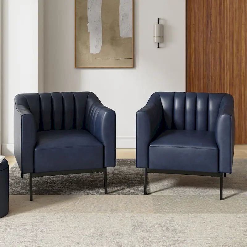 Fauteuil d'appoint en similicuir capitonné à fines nervures, bleu marine/gris/camel/marron/noir, pieds en métal, lot de 2