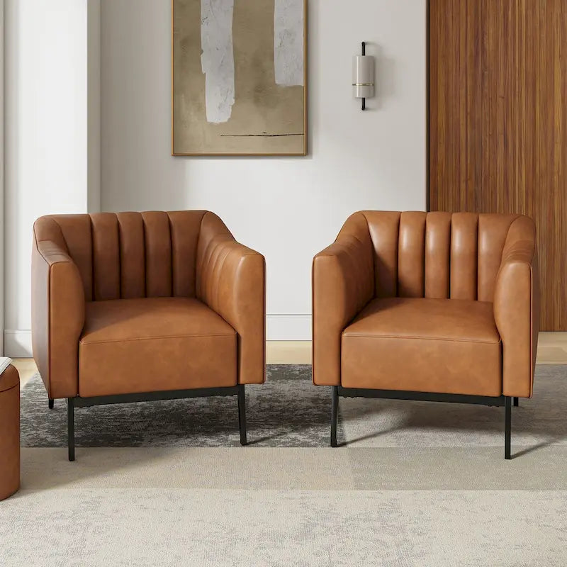 Fauteuil d'appoint en similicuir capitonné à fines nervures, bleu marine/gris/camel/marron/noir, pieds en métal, lot de 2