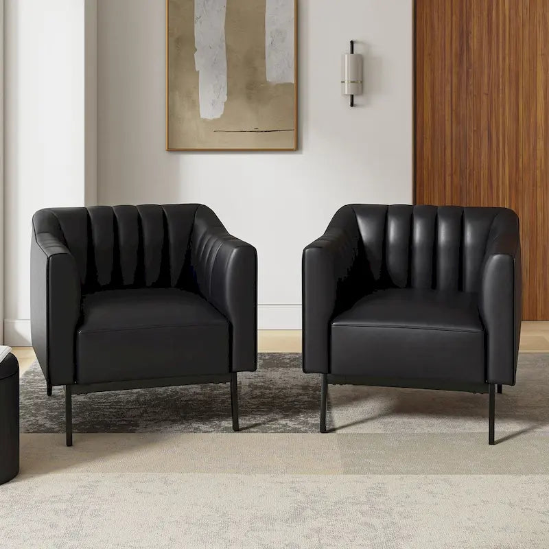 Fauteuil d'appoint en similicuir capitonné à fines nervures, bleu marine/gris/camel/marron/noir, pieds en métal, lot de 2