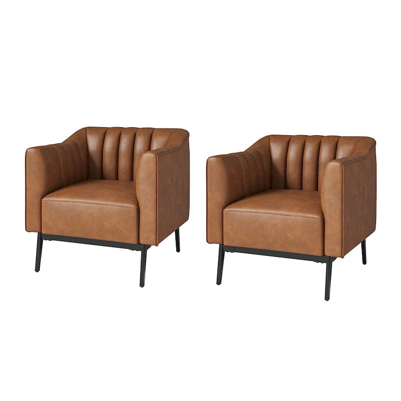 Fauteuil d'appoint en similicuir capitonné à fines nervures, bleu marine/gris/camel/marron/noir, pieds en métal, lot de 2