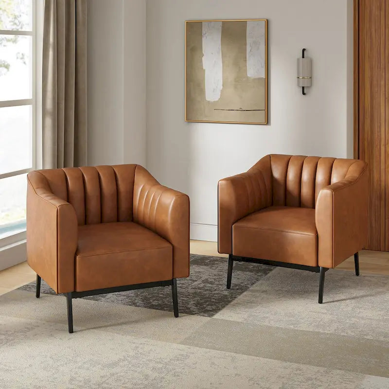 Fauteuil d'appoint en similicuir capitonné à fines nervures, bleu marine/gris/camel/marron/noir, pieds en métal, lot de 2