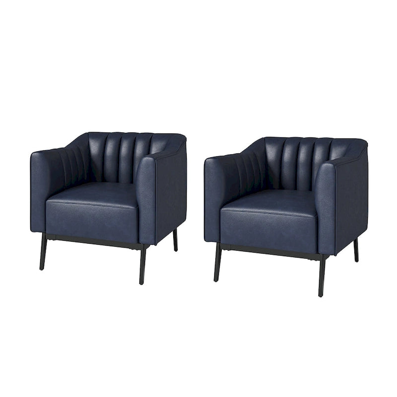 Fauteuil d'appoint en similicuir capitonné à fines nervures, bleu marine/gris/camel/marron/noir, pieds en métal, lot de 2