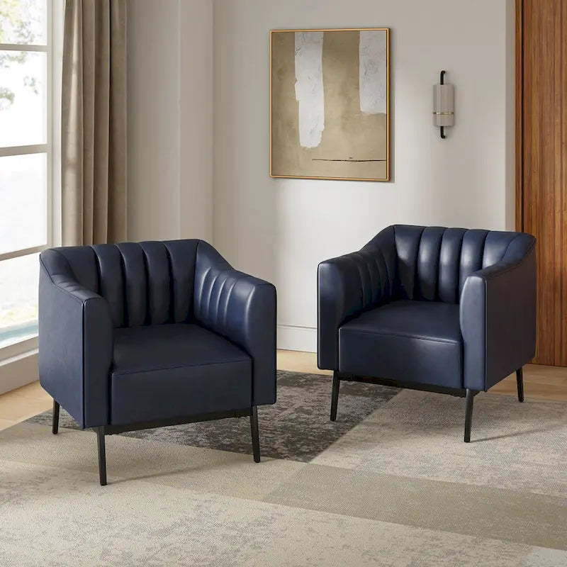 Fauteuil d'appoint en similicuir capitonné à fines nervures, bleu marine/gris/camel/marron/noir, pieds en métal, lot de 2