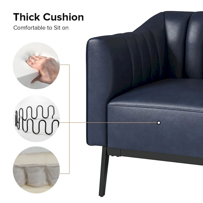 Fauteuil d'appoint en similicuir capitonné à fines nervures, bleu marine/gris/camel/marron/noir, pieds en métal, lot de 2