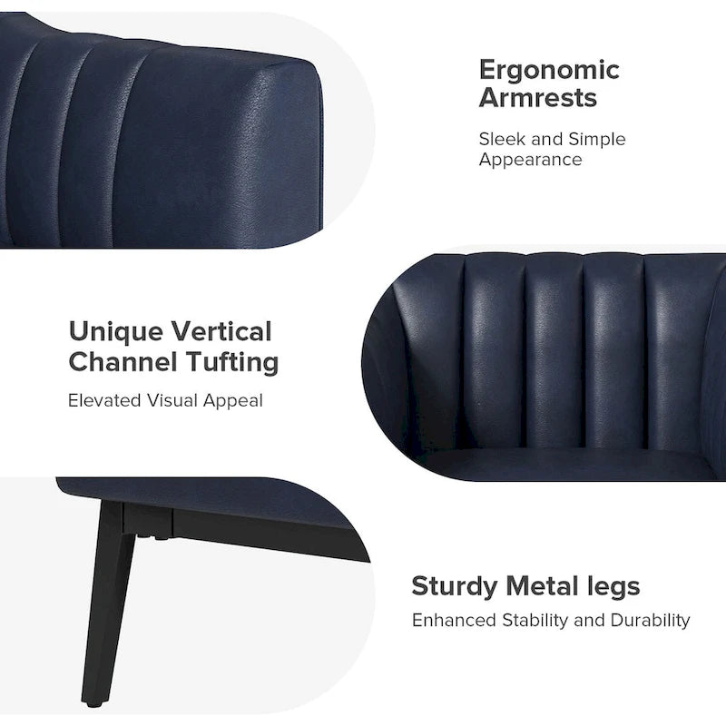 Fauteuil d'appoint en similicuir capitonné à fines nervures, bleu marine/gris/camel/marron/noir, pieds en métal, lot de 2