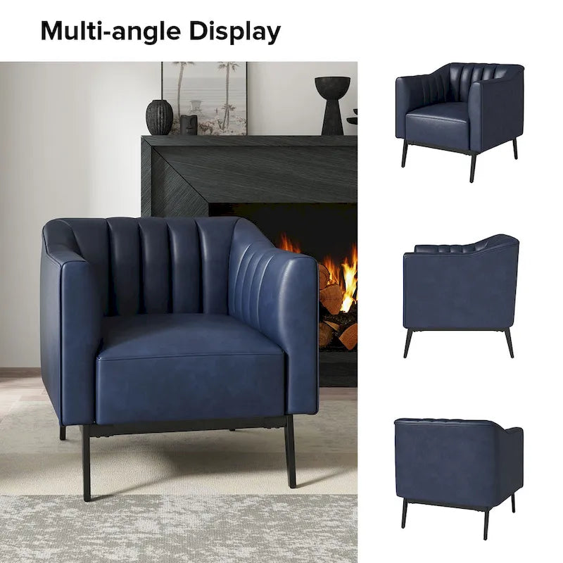 Fauteuil d'appoint en similicuir capitonné à fines nervures, bleu marine/gris/camel/marron/noir, pieds en métal, lot de 2