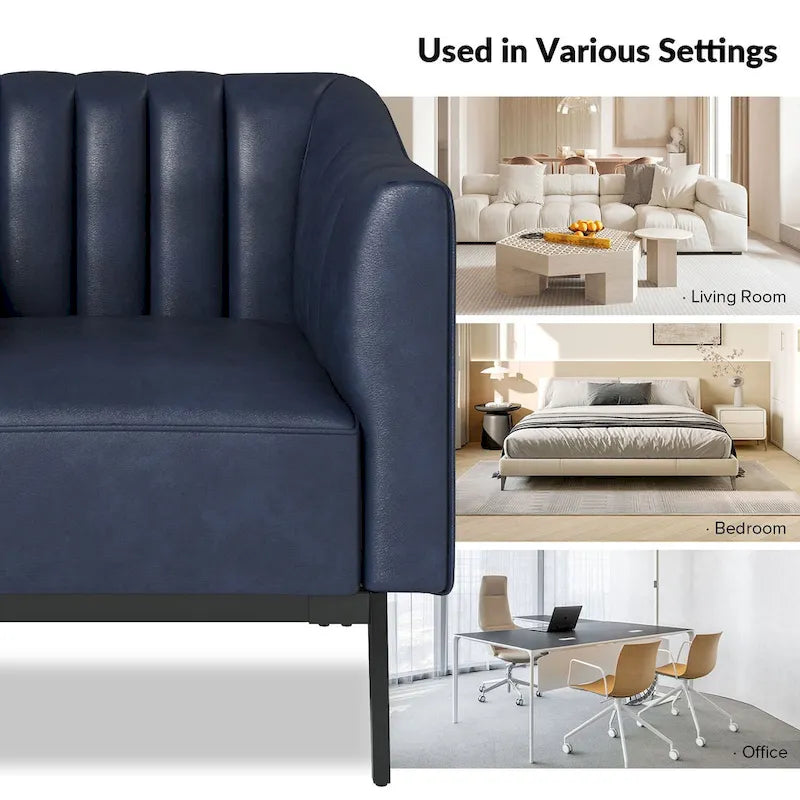 Fauteuil d'appoint en similicuir capitonné à fines nervures, bleu marine/gris/camel/marron/noir, pieds en métal, lot de 2