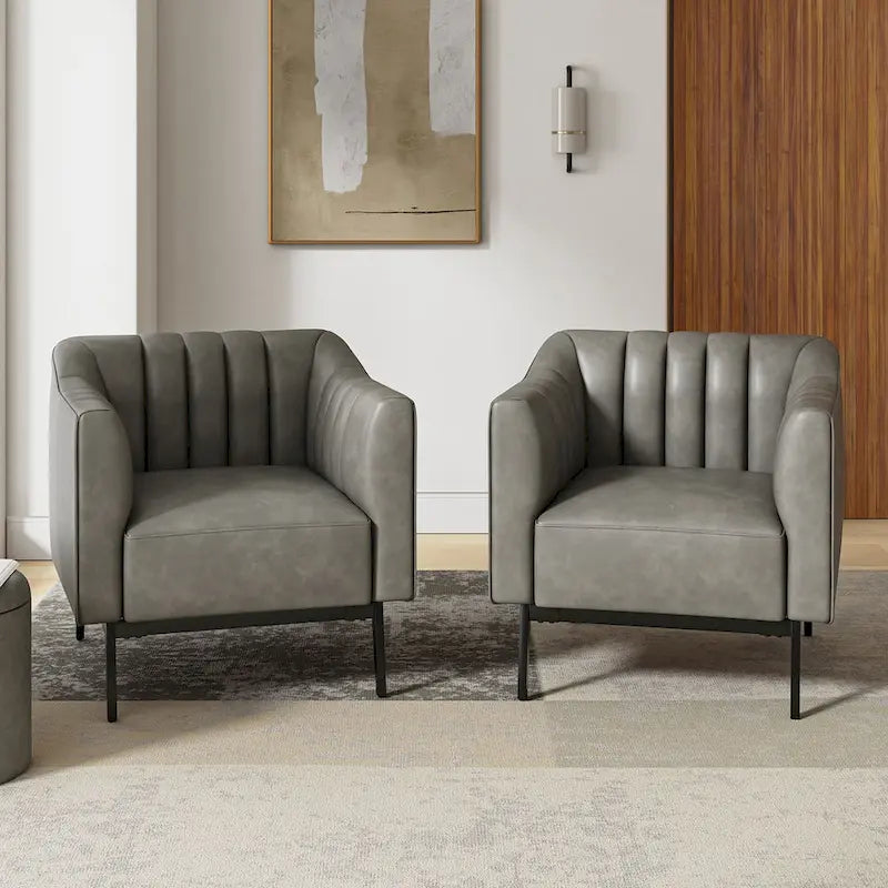 Fauteuil d'appoint en similicuir capitonné à fines nervures, bleu marine/gris/camel/marron/noir, pieds en métal, lot de 2
