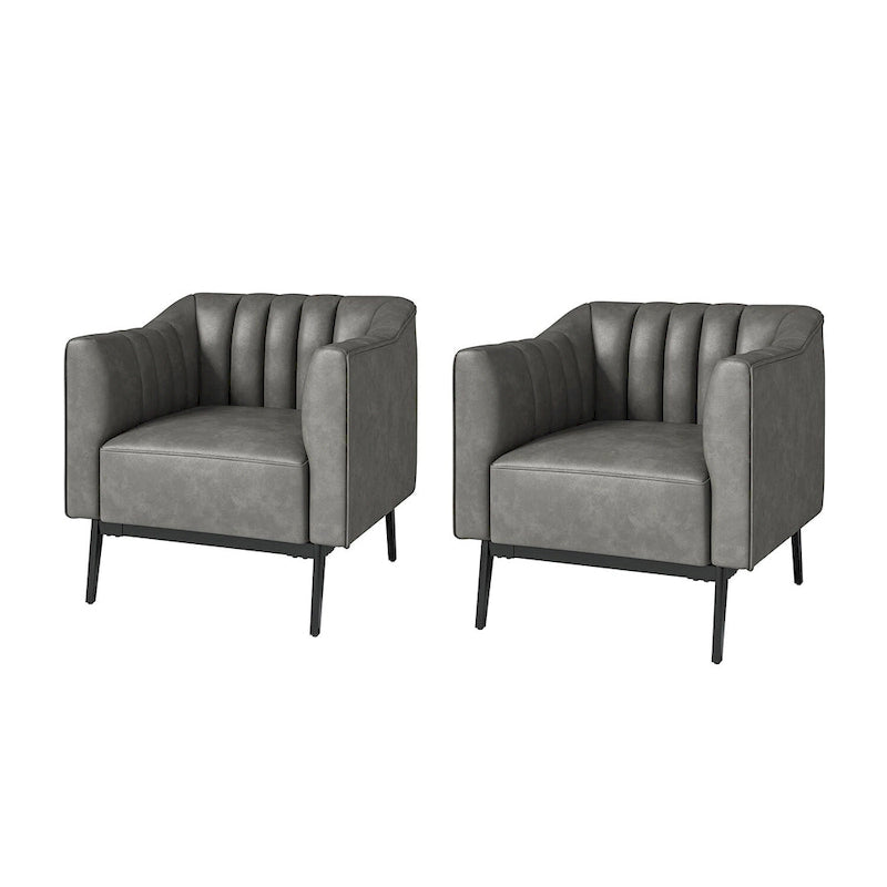 Fauteuil d'appoint en similicuir capitonné à fines nervures, bleu marine/gris/camel/marron/noir, pieds en métal, lot de 2