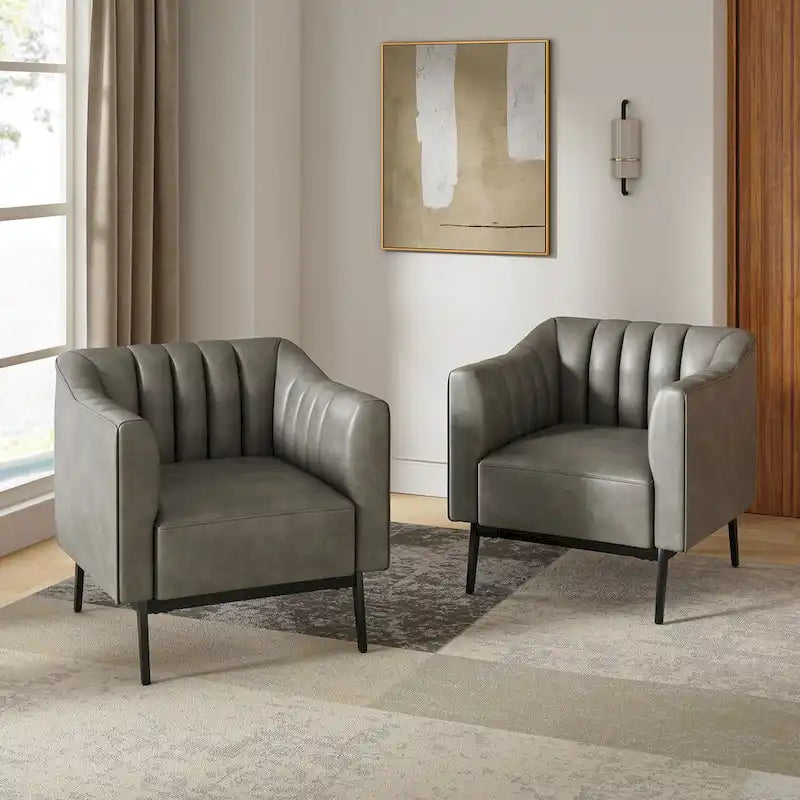 Fauteuil d'appoint en similicuir capitonné à fines nervures, bleu marine/gris/camel/marron/noir, pieds en métal, lot de 2